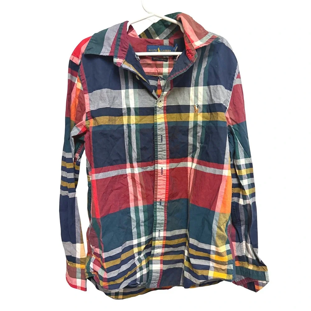 Ralph Lauren Natural Stretch Plaid Multi Color Button Down Shirt Boys M 10-12